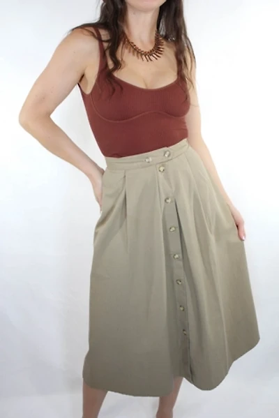 Vintage High Waist Button Down Khaki Denim Skirt Selected By Moons + Junes Vintage
