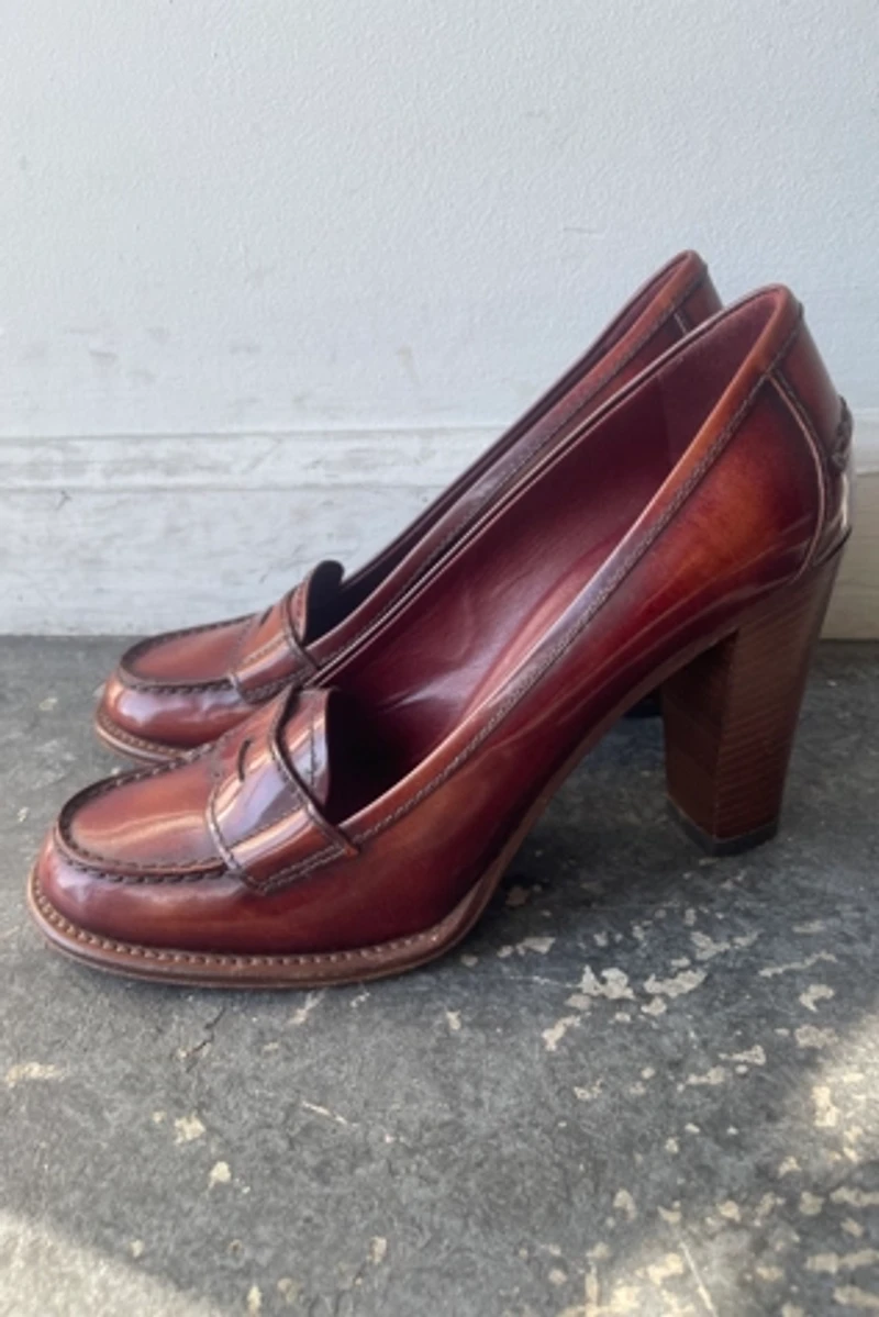 Prada Brown Leather Loafer Heels Size 36.5 Selected by The Curatorial Dept.