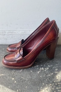 Prada Brown Leather Loafer Heels Size 36.5 Selected by The Curatorial Dept.