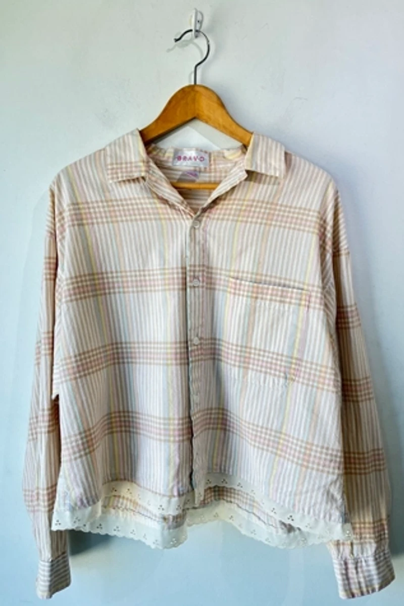 Bravo Lace Trimmed Brown Pastel Plaid Shirt Selected by The Curatorial Dept.