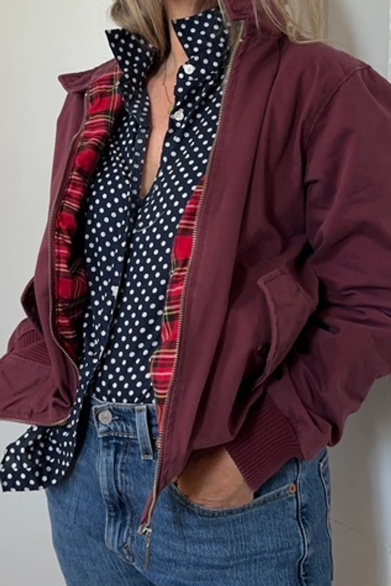 Burgundy Cotton Bomber Style Jacket with Plaid Lining Selected by KA.TL.AK
