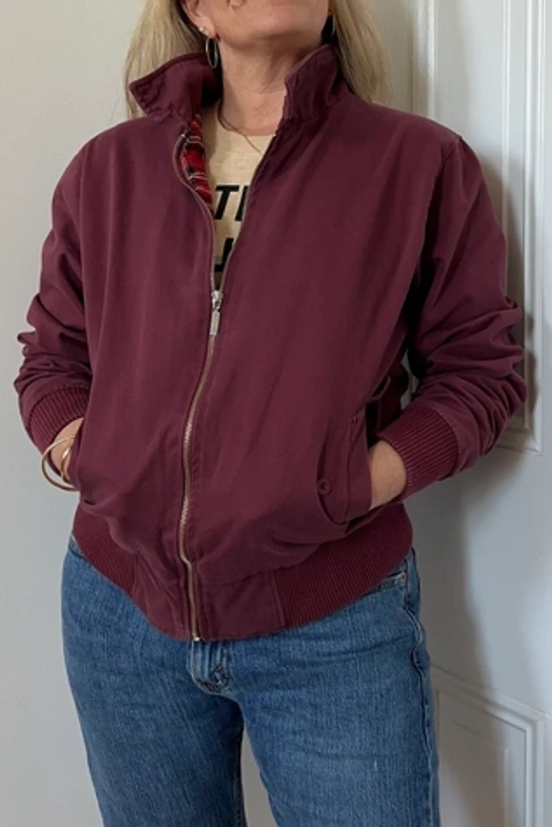 Burgundy Cotton Bomber Style Jacket with Plaid Lining Selected by KA.TL.AK