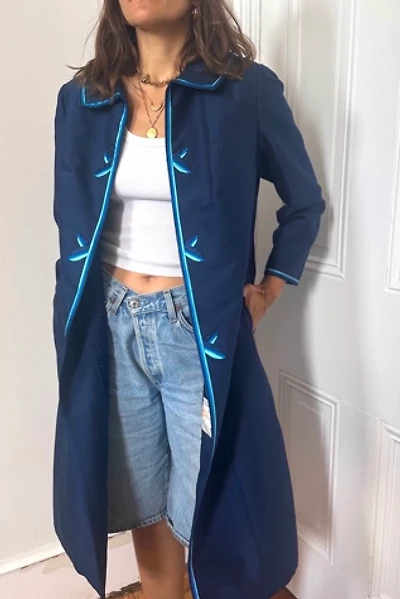 Vintage Blue Satin Trimmed Coat with Interior Embroidery Selected by KA.TL.AK