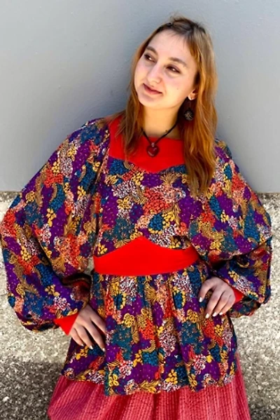1960’s Red & Floral Print Mutton Sleeve Blouse Selected by Nomad Vintage