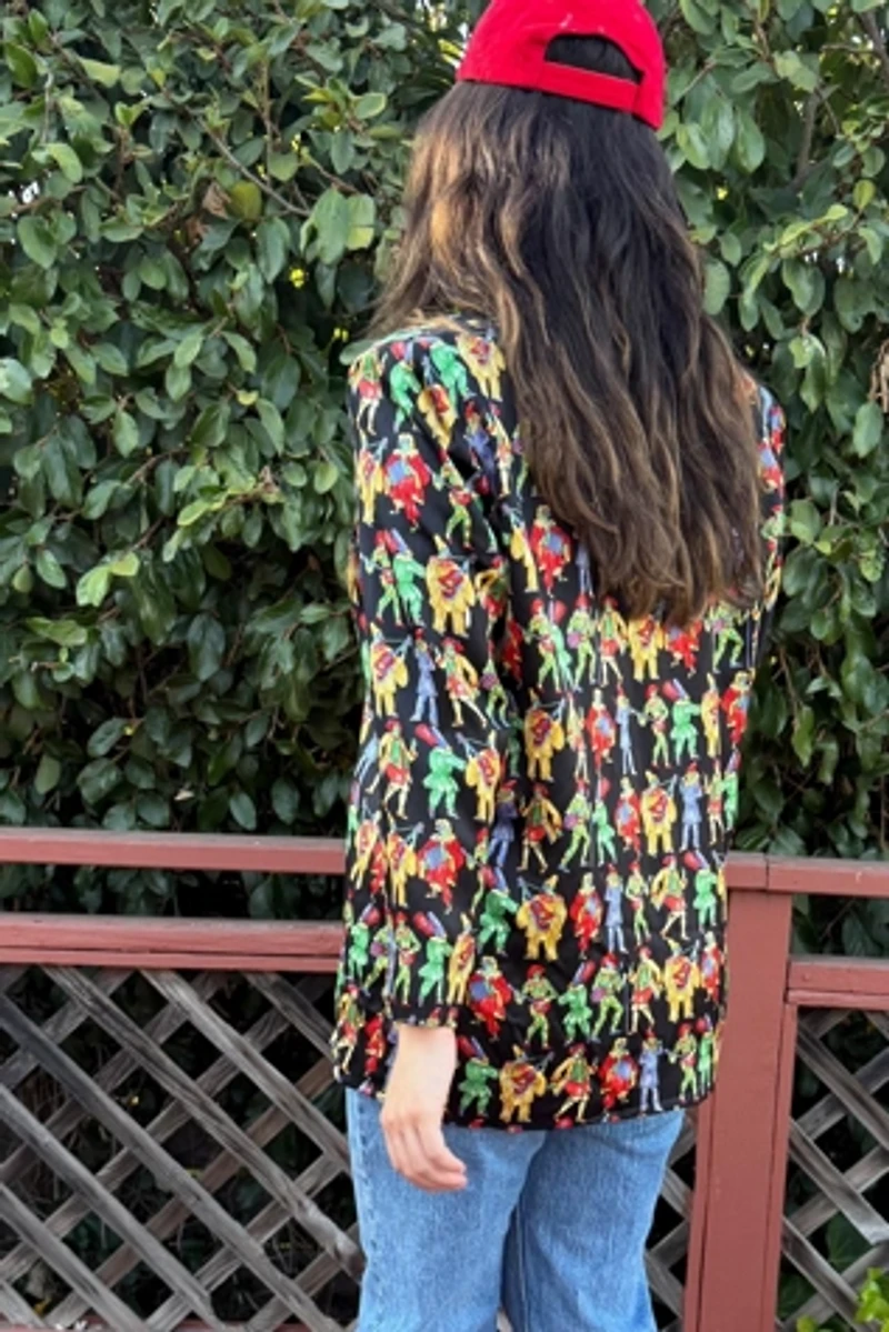 1990s Silk Commedia dell'Arte Print Slouch Blazer Selected by Personal Choice