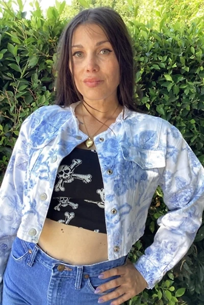 Vintage 1990s Floral White Denim and Lace Cropped Jacket Selected by Cherry