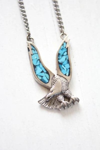 Vintage Crushed Turquoise Eagle Pendant Necklace Selected By Moons + Junes Vintage