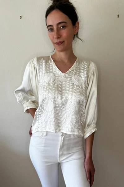 Ivory Satin Vintage 1970s embroidered Puff Sleeve Blouse Selected by Picky Jane