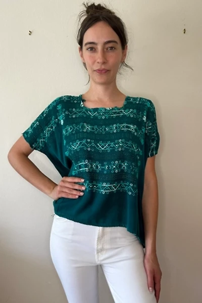 Vintage Teal Hand Embroidered Huipil Top Selected by Picky Jane