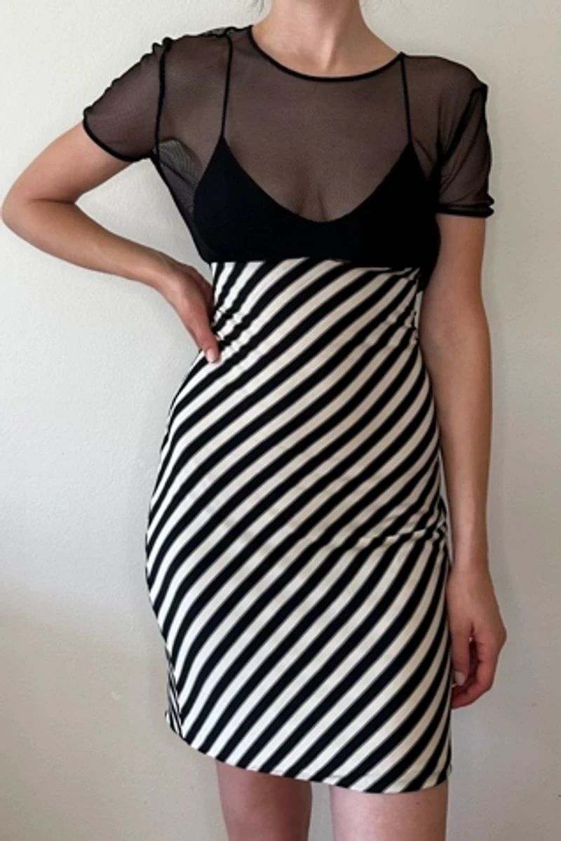 Stretchy Fishnet Fitted Stripe Dress with Bralette Underlay Selected by Picky Jane