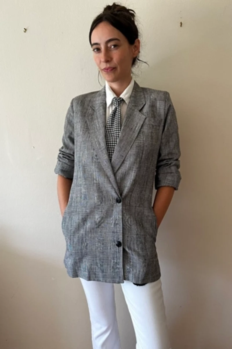 Long Houndstooth Plaid Lightweight Blazer Selected by Picky Jane