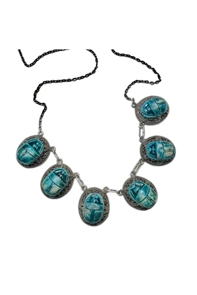 Vintage Egyptian Revival Scarab Beetle Necklace Sterling + Ceramic Selected by Lux Revival