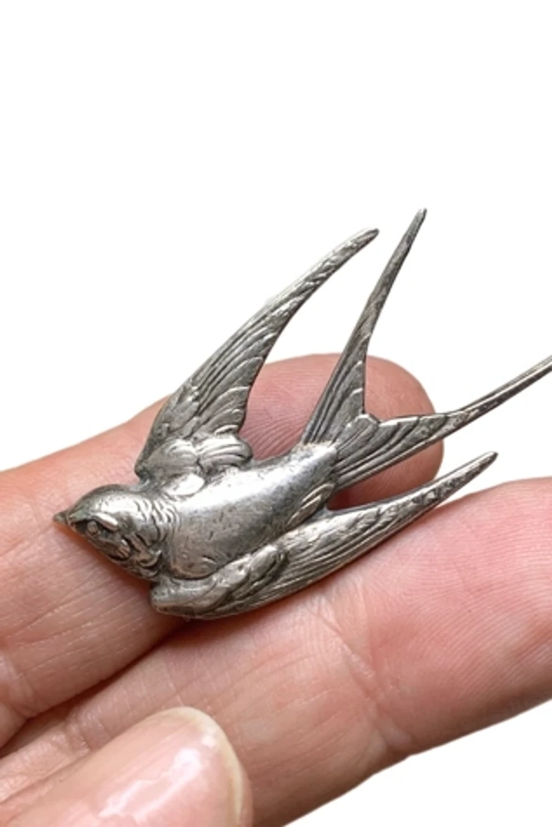 Antique Sterling Silver Repousse Swallow Brooch Selected by Lux Revival