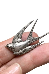 Antique Sterling Silver Repousse Swallow Brooch Selected by Lux Revival
