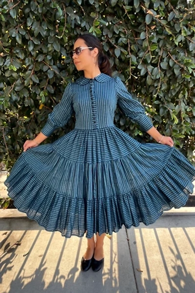 Vintage Indigo Silver Stripped Prairie Style Dress Selected by FernMercantile