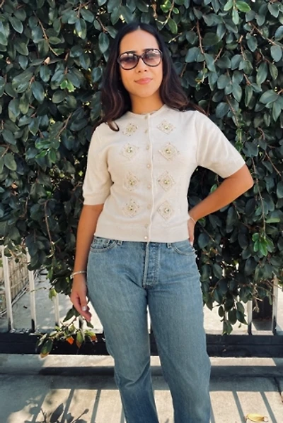 Vintage 1950's Cream Crop Sweater with Crochet Appliques Selected by FernMercantile
