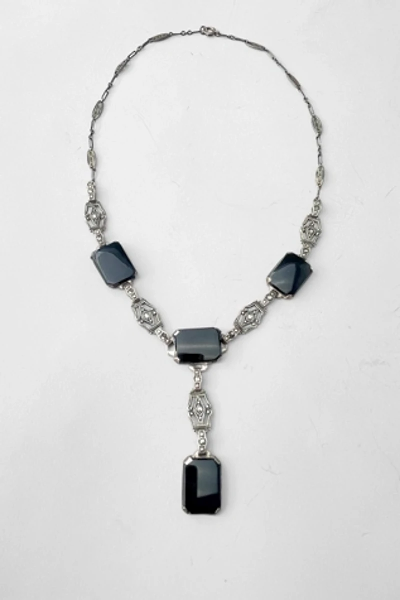 Antique Sterling Silver Onyx Marcasite Art Deco Lavaliere Y Necklace Selected by MARMALADE