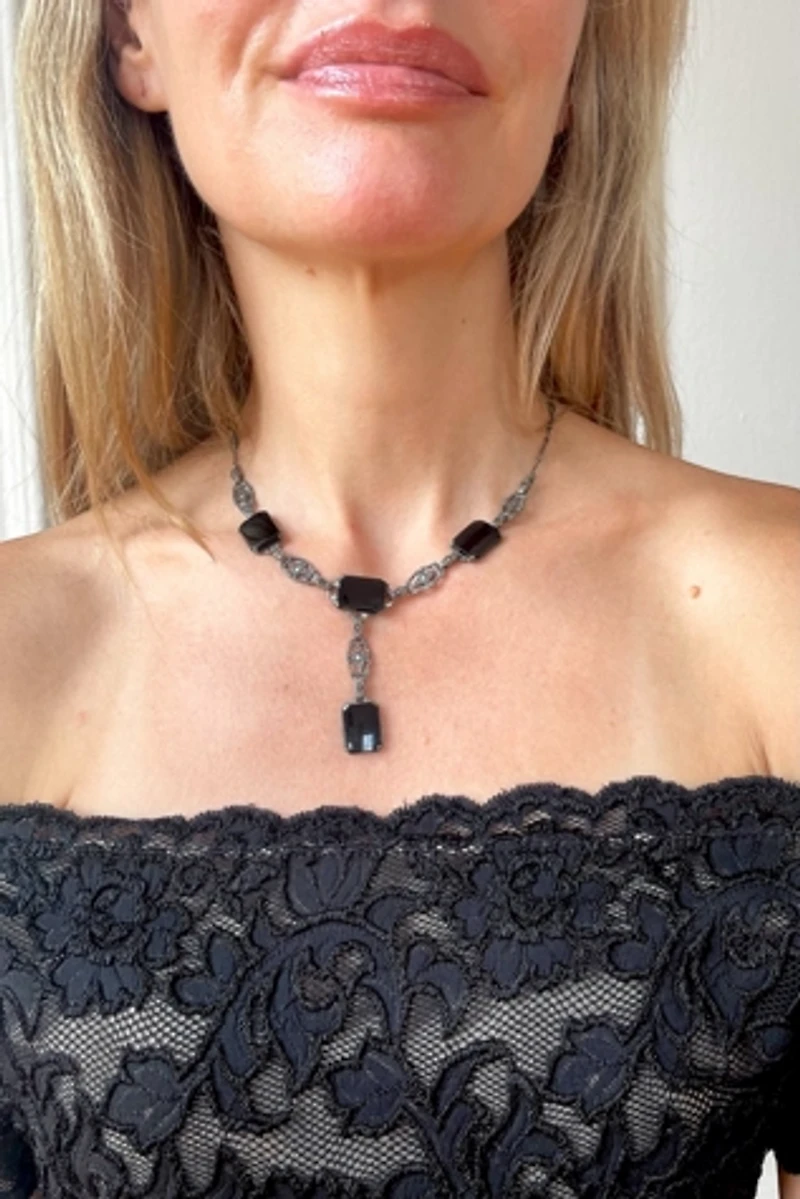Antique Sterling Silver Onyx Marcasite Art Deco Lavaliere Y Necklace Selected by MARMALADE