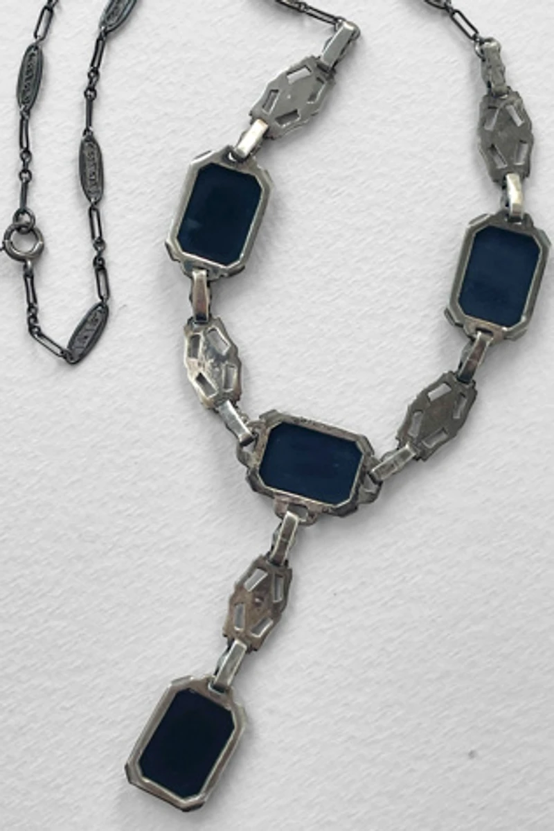 Antique Sterling Silver Onyx Marcasite Art Deco Lavaliere Y Necklace Selected by MARMALADE