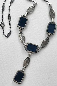 Antique Sterling Silver Onyx Marcasite Art Deco Lavaliere Y Necklace Selected by MARMALADE