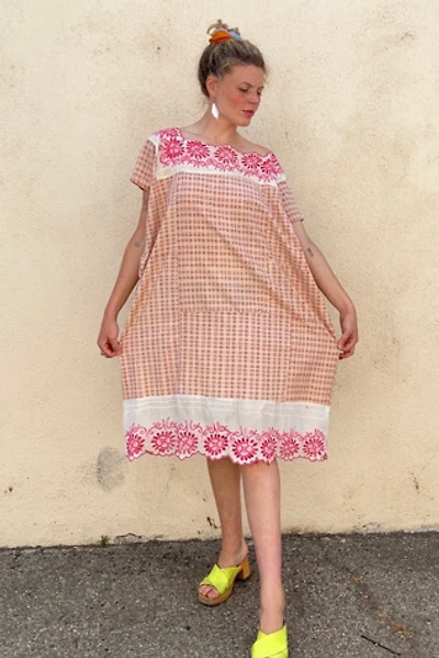 Vintage Pink Plaid Lace Trimmed Caftan Dress Selected by The Curatorial Dept.