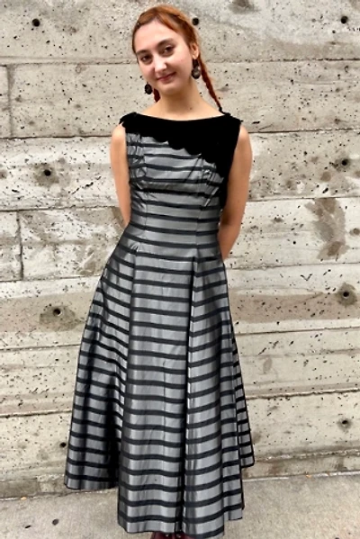 1950 - 60’s Velvet Striped Taffeta Dress Selected by Nomad Vintage