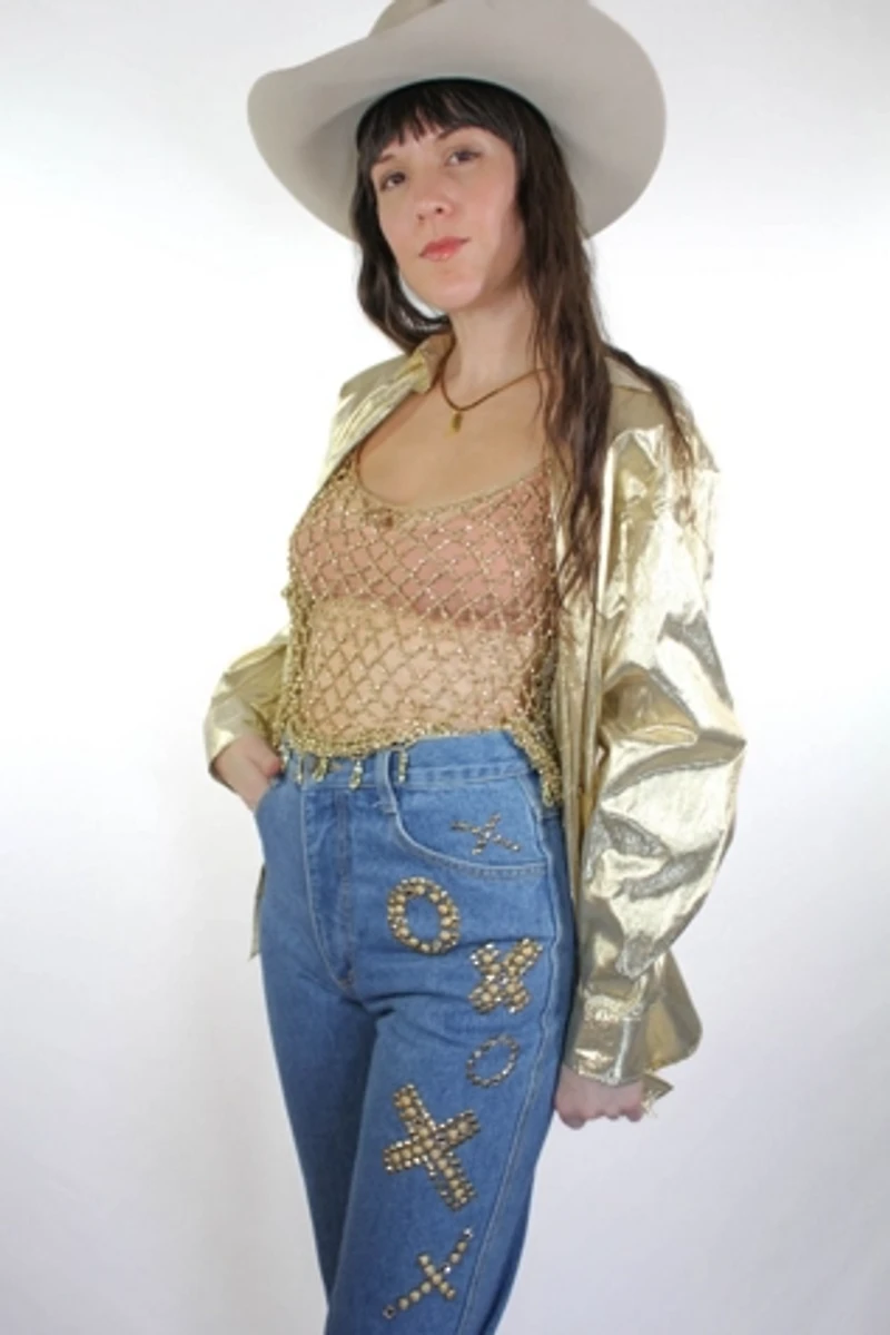 1980s XO Gold Rhinestone Studded High Waisted Jeans Selected By Moons + Junes Vintage