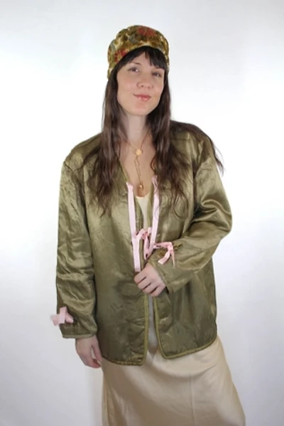 1970s Army Green Satiny Bowtie Military Liner Jacket Selected By Moons + Junes Vintage