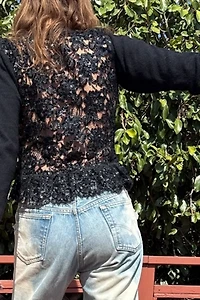 1980s Adrienne Vittadini Sheer Sequin Lace Back Peplum Sweater Selected by Personal Choice