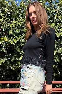 1980s Adrienne Vittadini Sheer Sequin Lace Back Peplum Sweater Selected by Personal Choice