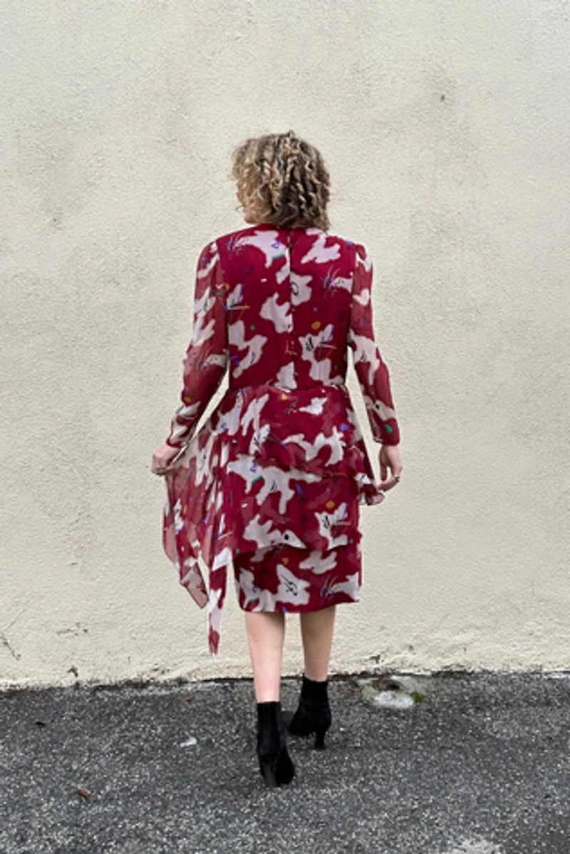 Hanae Mori Boutique Maroon Silk Peplum Dress Selected by The Curatorial Dept.