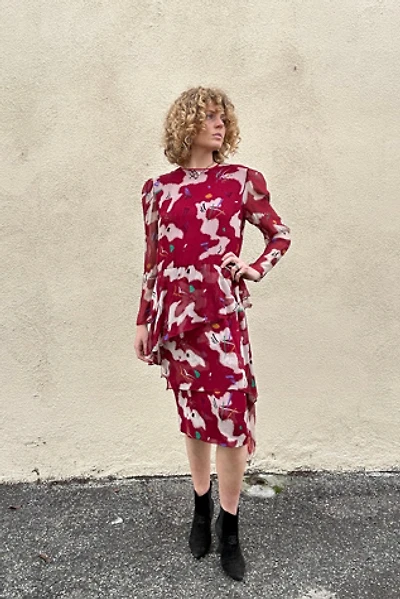 Hanae Mori Boutique Maroon Silk Peplum Dress Selected by The Curatorial Dept.