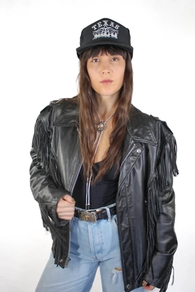 Vintage Western Fringe Black Leather Moto Jacket Selected By Moons + Junes Vintage