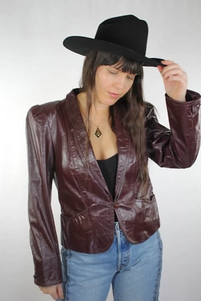 Vintage Burgundy Leather Fitted Jacket Selected By Moons + Junes Vintage
