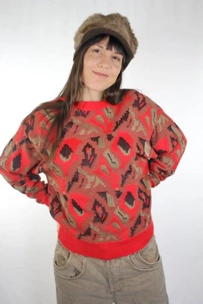 1990s Italian Vintage Red Abstract Sweater Selected By Moons + Junes Vintage