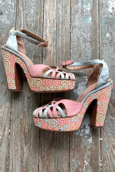 1940s Pink and Blue Suede Cork Heeled Platforms Selected by Cherry