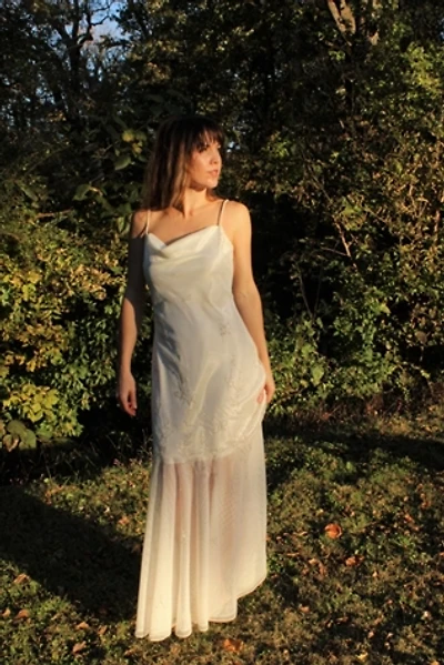 1990s Ivory Embroidered Cowl-Neck Sheer Mermaid Maxi Wedding Dress Selected By Moons + Junes Vintage