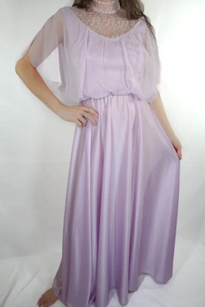 1970s Dreamy Violet Lace Collar Satiny Maxi Dress Selected By Moons + Junes Vintage