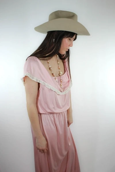 1970s Pink Lace Prairie Maxi Intimates Dress Selected By Moons + Junes Vintage