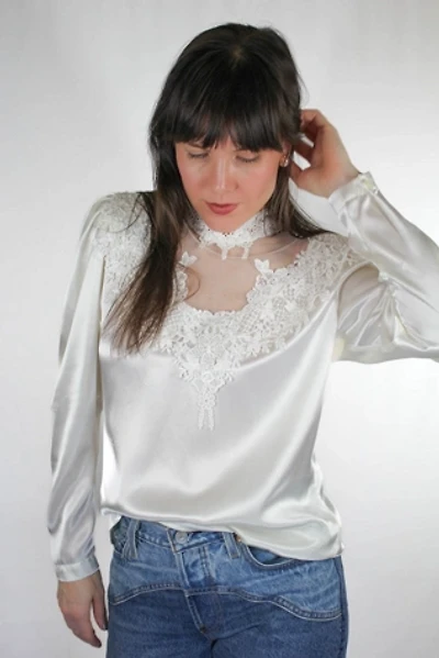 Vintage Silky White Lace Crochet Collar Blouse Selected By Moons + Junes Vintage