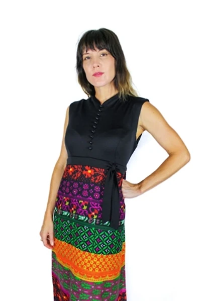 1970s Psychedelic Flower Print Black Maxi Dress Selected By Moons + Junes Vintage