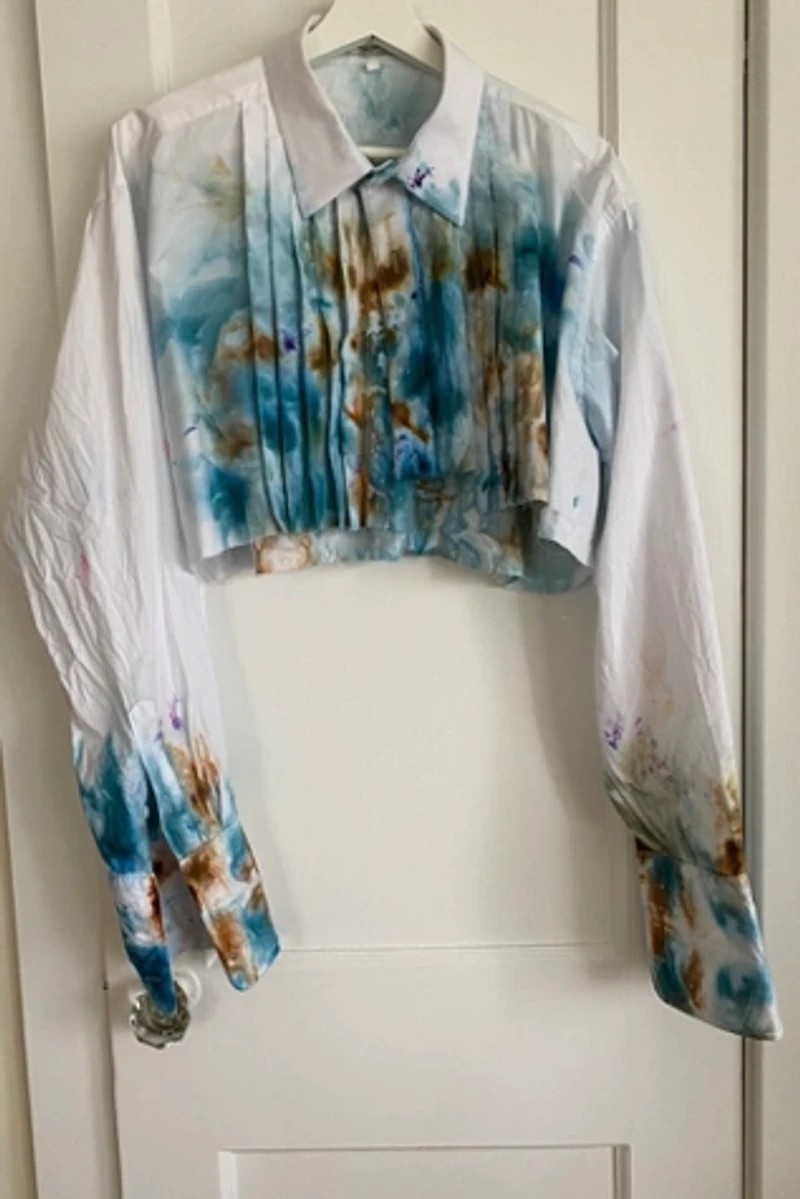 KA.TL.AK Wearable Art Blue Cropped Tuxedo Shirt
