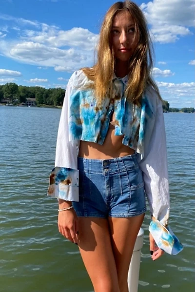 KA.TL.AK Wearable Art Blue Cropped Tuxedo Shirt
