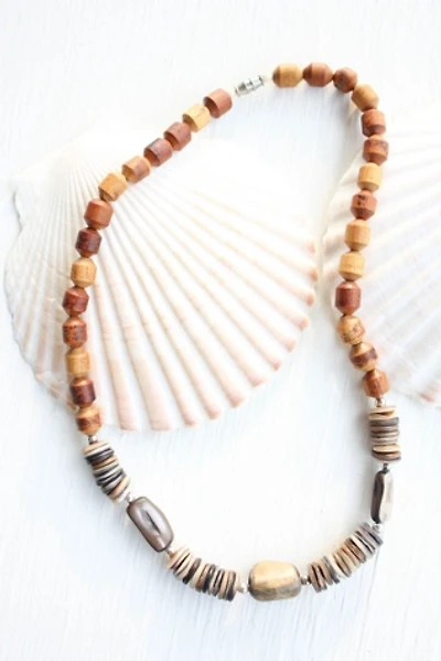 Vintage Wooden Shell Gemstone Beaded Necklace Selected By Moons + Junes Vintage