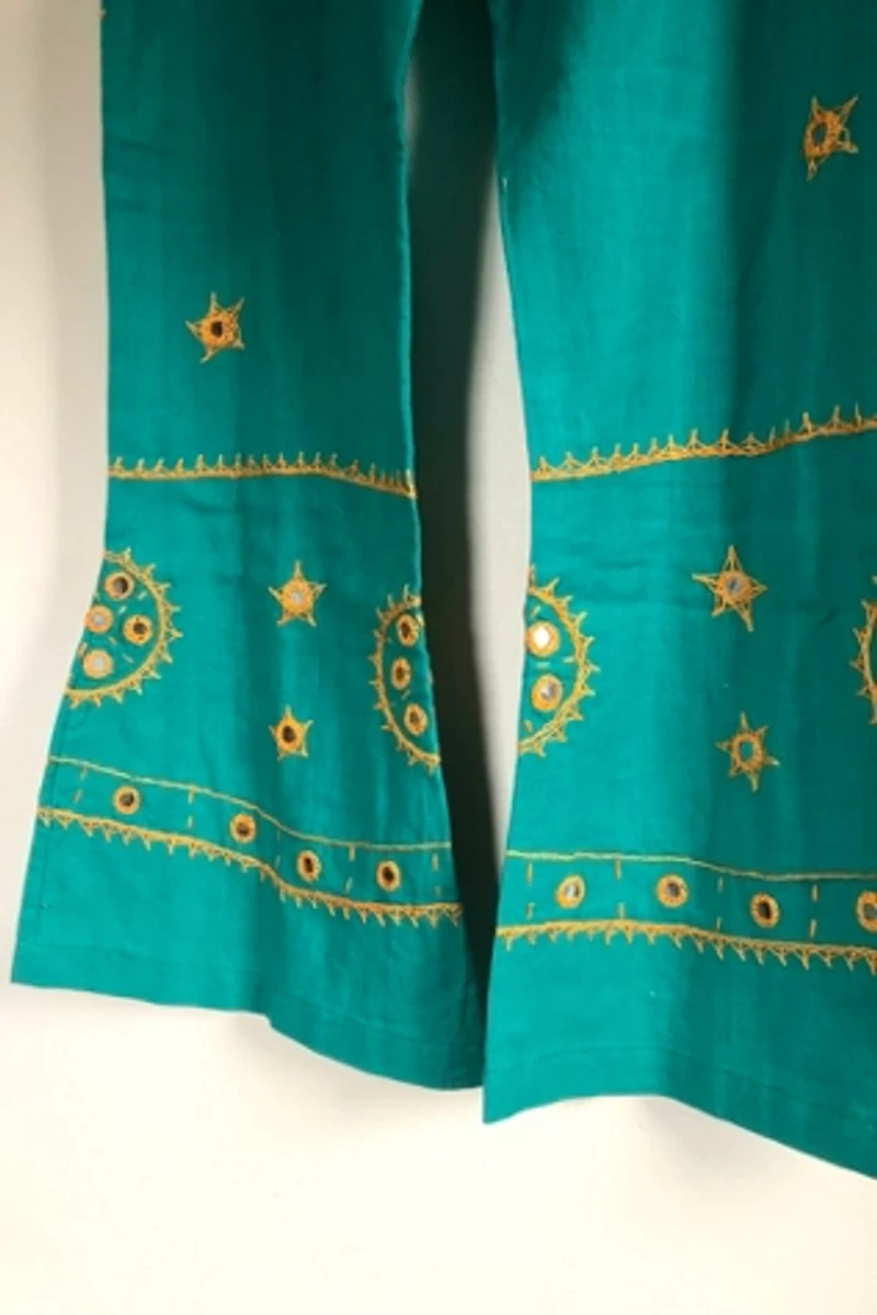 Deadstock Embroidered Teal Cotton Flares Selected by Cherry