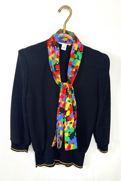1970’s  Black Knit Top With Multicolor Scarf Selected By Ankh By Racquel Vintage
