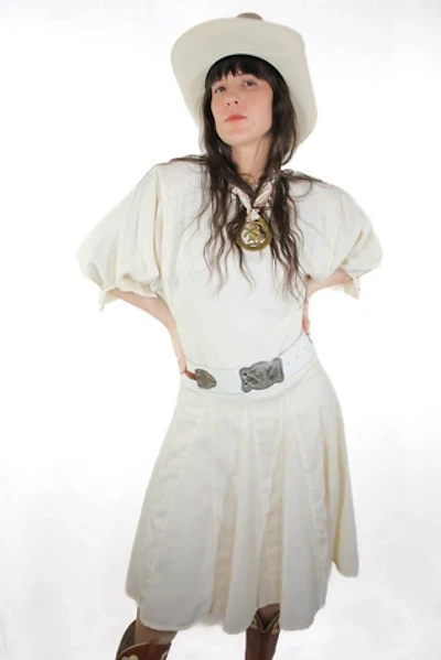 1950s Handmade Vintage Linen Pleated Ivory Midi Dress Selected By Moons + Junes Vintage