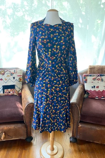 Vintage Ossie Clark Navy Blue Floral Silk Dress Selected by The Curatorial Dept.