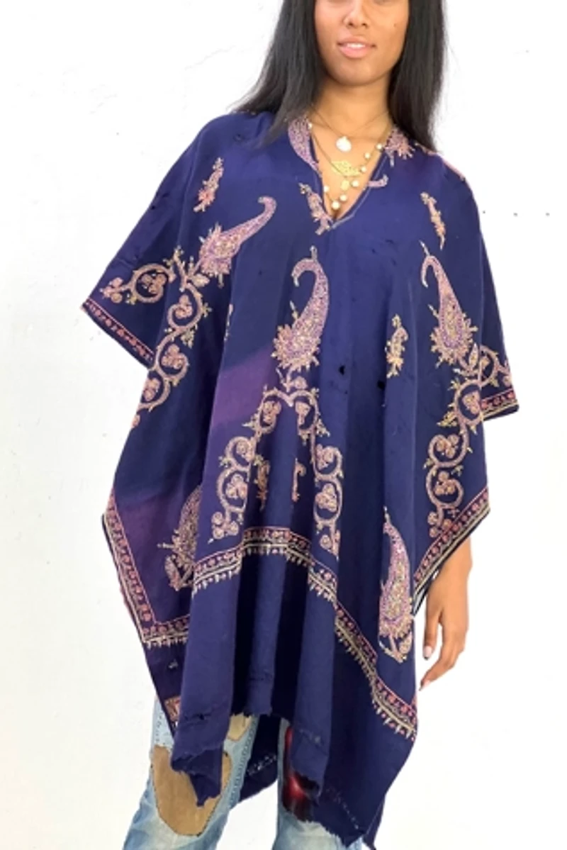 Anna Corinna Destroyed Worn and Torn Pretty Embroidered Wool Poncho