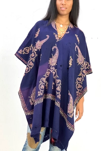 Anna Corinna Destroyed Worn and Torn Pretty Embroidered Wool Poncho